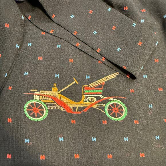 Vintage 70 80s Novelty Car Tie Neck Bow Blouse Retro Holiday Christmas Top Large - Picture 7 of 8